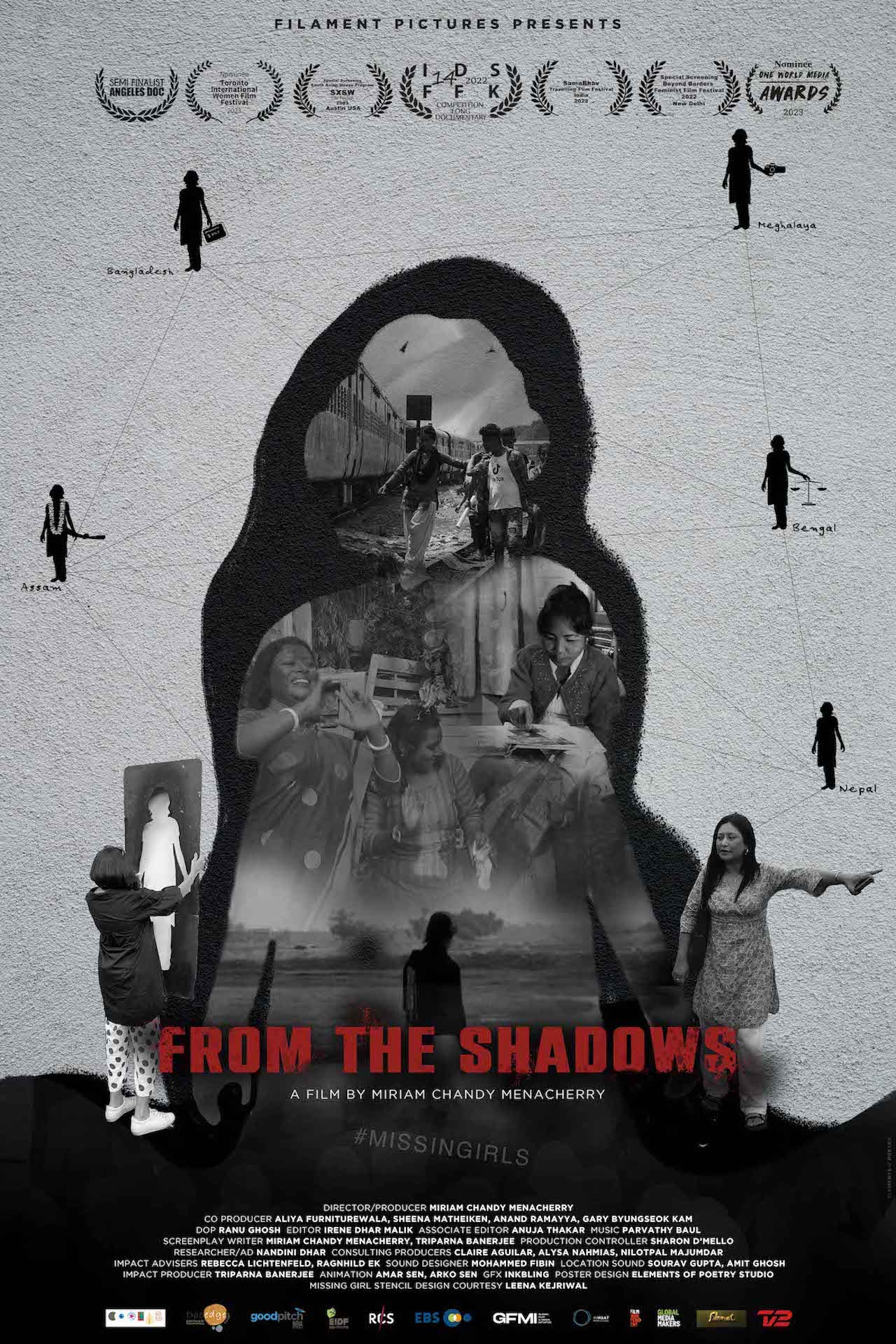 Poster of the documentary film From the Shadows. It shows various stills of the film within the silhoutte of the the MissingGirl artwork created by the artist, who is the protagonist of the film
